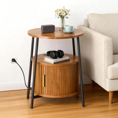 DHH Round End Tables with Charging Station, Fluted Accent Side Table with Sliding Door, Mid-Century Modern Nightstand for Small Space Storage, Living Room, Bedroom,Sofa Couch(Yellow)