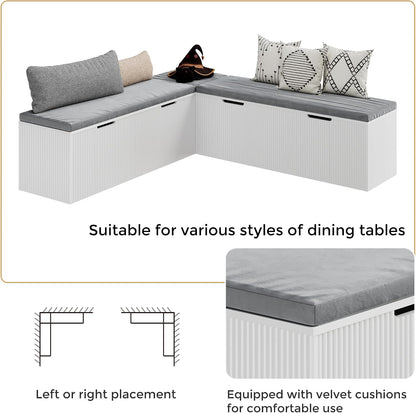 Mekminop Kitchen Breakfast Nook Bench, Backless Wood Corner Bench with Cushion Seat, L Shape Dining Bench with Hidden Storage Space, White