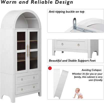 Merax 71'' Tall Arched Kitchen Pantry Cabinet, Farmhouse Kitchen Storage Cabinets with 2 Large Drawers and Adjustable Shelves, Versatile Cupboard for Kitchen, Dining Room, Bathroom,White