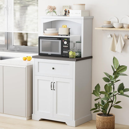 Microwave Stand with Storage and Drawer, Kitchen Pantry Storage Cabinet | Buffet Coffee Bar Cabinet with Adjustable Shelves, Charging Station, Kitchen Hutch Microwave Table for Dining Room
