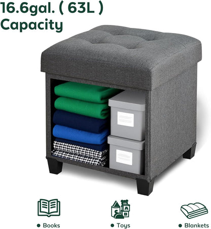 Ottoman with Storage, Square Storage Ottoman for Dorm, Linen Ottomans with Legs for Living Room, Bedroom, 17.7" D x 17.7" W x 19.9" H, Grey