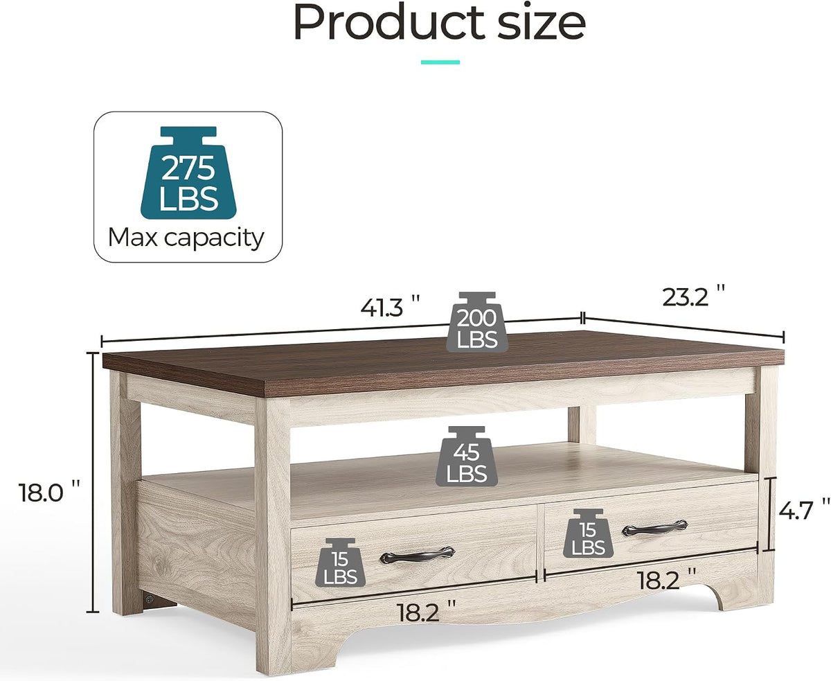 LINSY HOME Farmhouse Coffee Table with Storage, Wood Coffee Table for Living Room, Open Display Area and Storage Drawers with Metal Handles, Chic Style with Curved Base. Oak and Brown