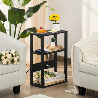 YUFAM 3-Tier Narrow Bedside Table Set 2 for Small Spaces, Skinny Nightstand | Thin Side Table with Charging Station, Slim End Table with USB & Outlets, Easy Assembly for Couch, Living Room, Bedroom,Black