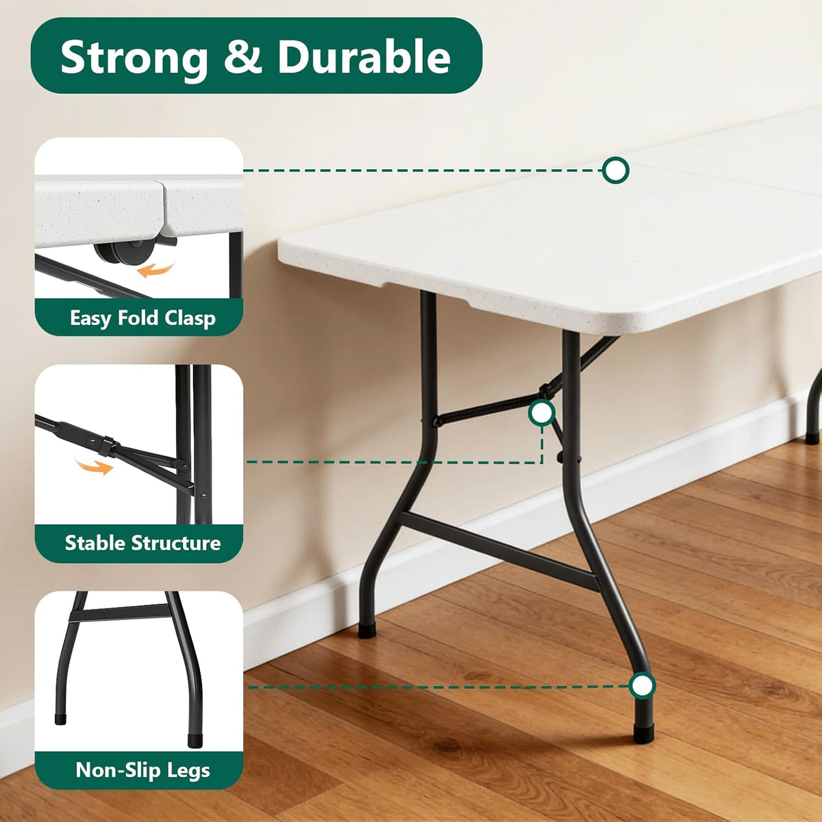 Folding Table 2 Pack, 6FT Folding Table Portable with Built-in Handle, Heavy Duty Plastic Table with Steel Legs Supports to 300lbs, Suitable for Party, Camping, Events Indoor&Outdoor Use, White