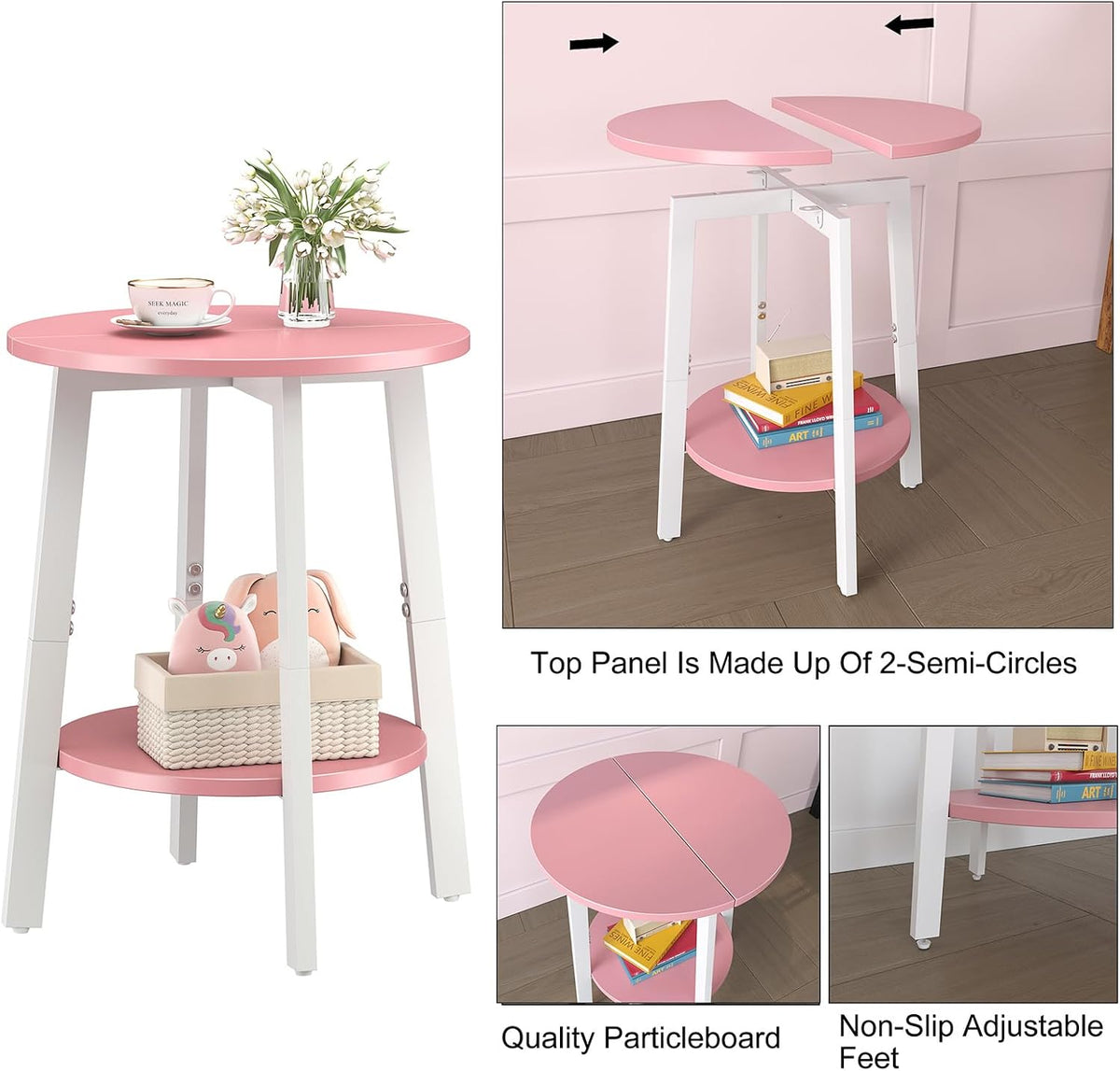 sthmec Side Table Set of 2, Small Round End Table with Storage Shelf for Small Space, 2-Tier Bedside Table Sofa Couch Table, Nighstands Set of 2 Accent Table for Living Room, Bedroom, Pink
