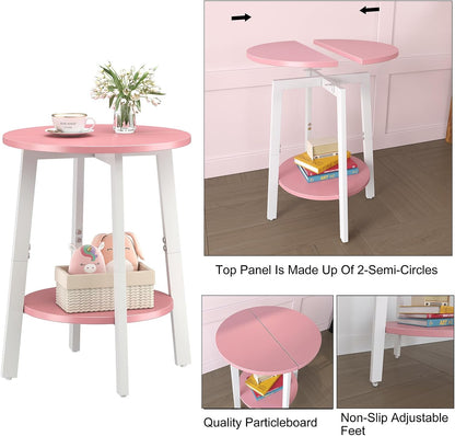sthmec Side Table, Small Round End Table with Storage Shelf for Small Space, 2-Tier Bedside Table Sofa Couch Table, Round Accent Table Nighstands for Living Room, Bedroom, Pink