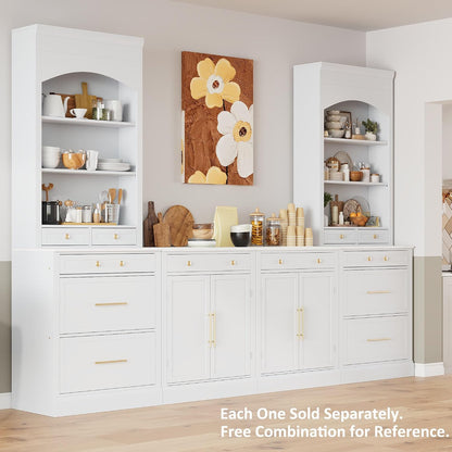 LUMISOL 83.7” Kitchen Pantry, Freestanding Tall Kitchen Hutch with Faux Marble Top, Display Cupboard Cabinet with 5 Storage Drawers and Adjustable Shelf, Storage Cabinet for Kitchen Dining Room, White