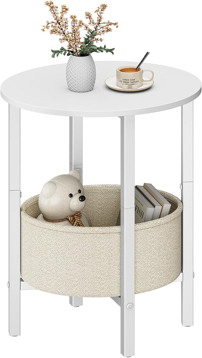 Vagusicc Round Side Table End Table with Storage Basket, Small Side Table Round Nightstand for Small Spaces, Tall Oval End Table with Steel Frame, Coffee Bedside Table for Living Room Bedroom, White