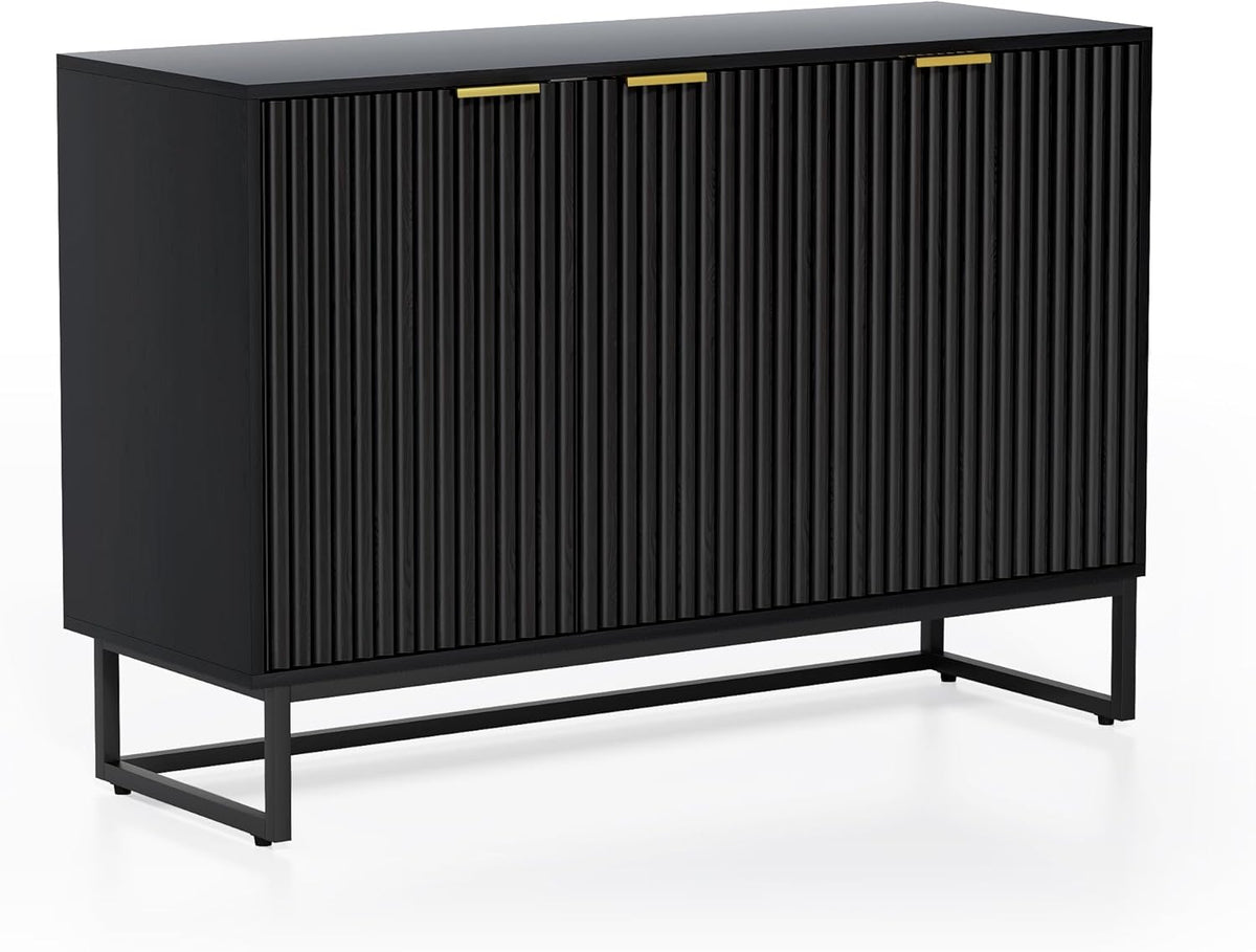 Fluted Storage Cabinet with 3 Doors, Sideboard Buffet Cabinets with Adjustable Shelves, Multifunctional Console Table with Storage Credenza for Living Room, Hallway, Black