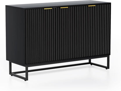 Fluted Storage Cabinet with 3 Doors, Sideboard Buffet Cabinets with Adjustable Shelves, Multifunctional Console Table with Storage Credenza for Living Room, Hallway, Black