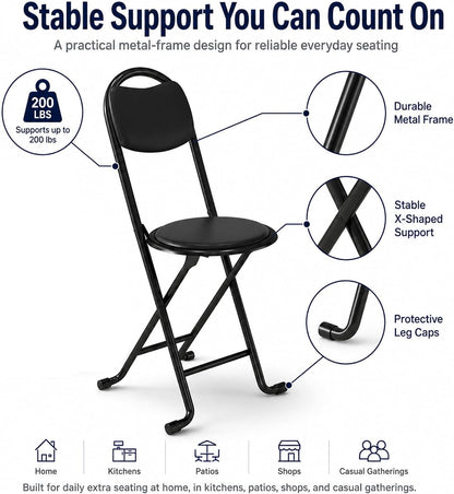 2 Pack Folding Stool with Back, 17 Inch Small Folding Chair, Black Stool with Padded PU Seat, Portable Foldable Stool Chair for Kitchen, Camping, Outdoor, Extra Seating, Black