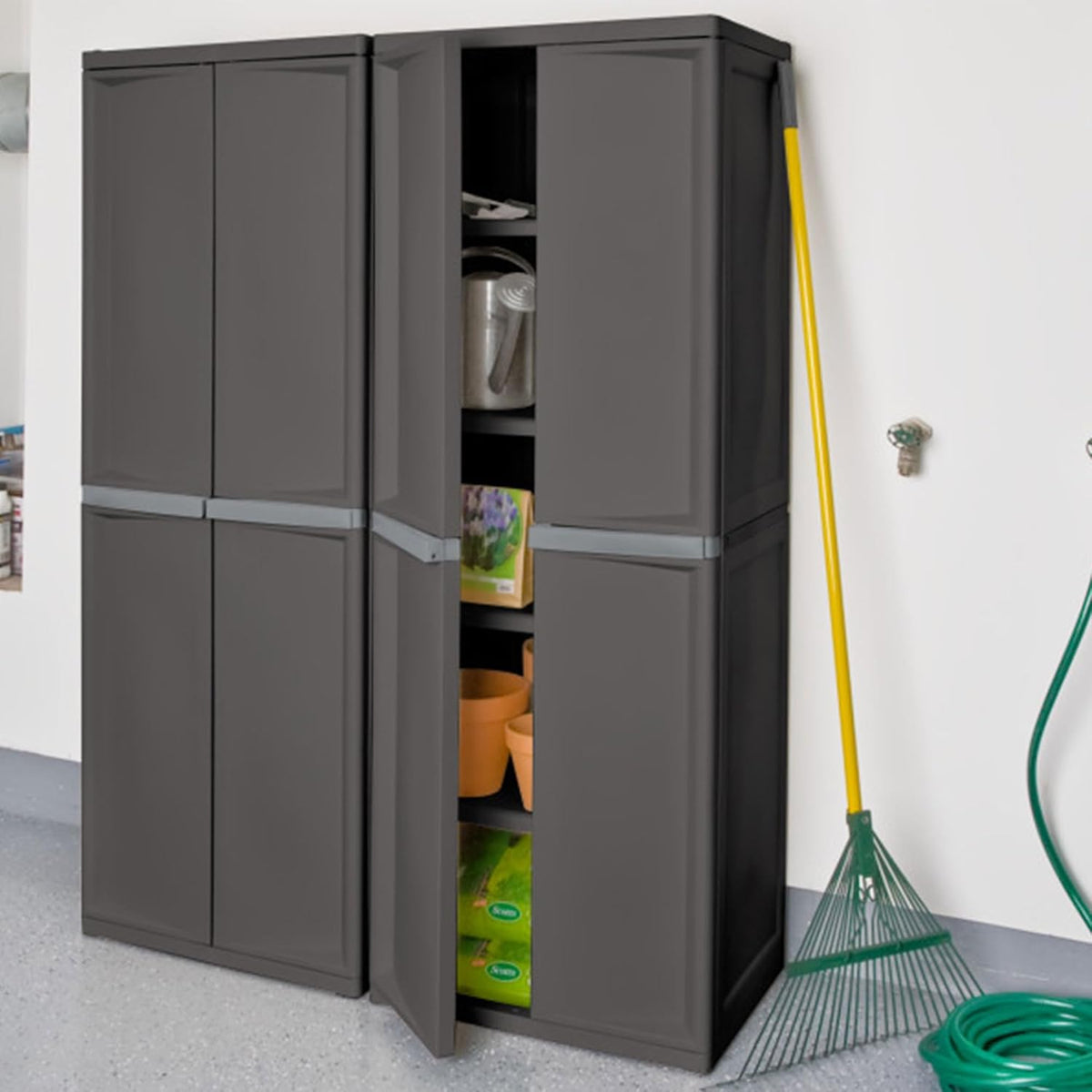 Sterilite 4 Shelf Cabinet, Lockable Utility Storage w/ Adjustable Shelves, Gray - Plastic Shelving Unit for Organizing Garage, Pantry, Basement, Laundry Room or Mudroom