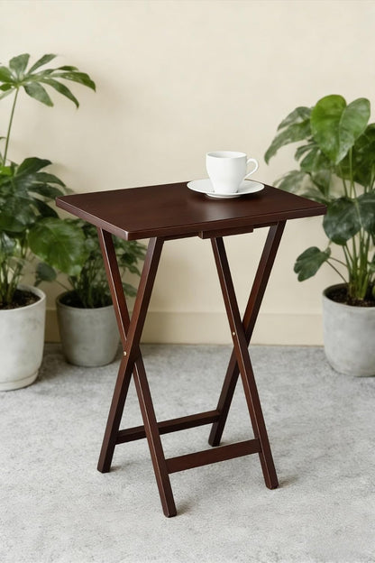Folding TV Tray Table for Indoor Use, 1-Piece Rubberwood in Walnut or Natural Finish, 19" x 14.5" x 26" Snack Bed Desk,Space-Saving 1-Piece Snack Table, Bedside or Laptop Stand(Walnut)
