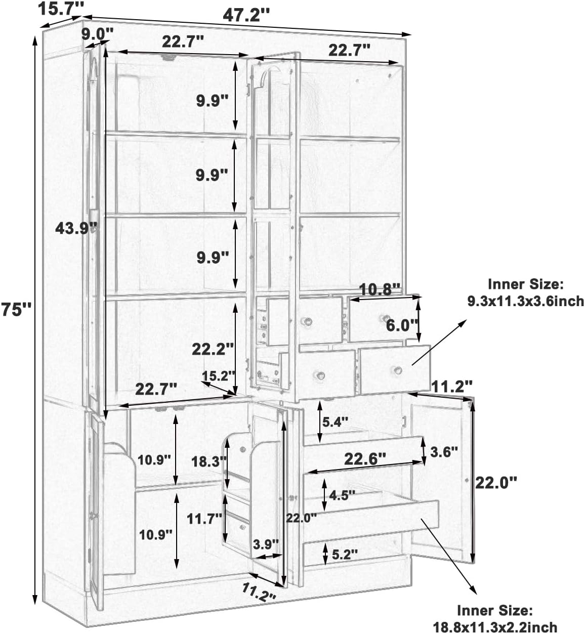 Freestanding Kitchen Pantry Cabinet with Drawers, Shelves, Gray | Freestanding tall buffet with 4 drawers, door shelves, pull-out trays, 47.2x15.7x75 inches, gray finish, for dining room