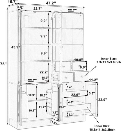 Virubi 75 Inch Tall Kitchen Pantry Storage Cabinet with Glass Doors, Freestanding Buffet with Hutch 4 Drawers&Built-in Door Shelves&Pull-Out Trays for Dining Room, Food Pantry for Living Room (White)