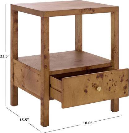 SAFAVIEH Home Collection - Willshine Natural Brown Accent Table, 1 Drawer Side Table, Open Shelf Storage, Burl Wood Look, Fully Assembled (ACC6613A)