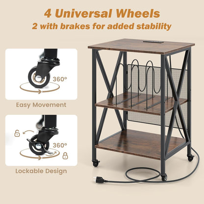 GOFLAME Record Player Stand with Power Outlet, 3-Tier Industrial Rolling Turntable Stand with 3 Vinyl Record Storage Dividers, Adjustable Shelf & Wheels for Living Room, Bedroom, Rustic Brown