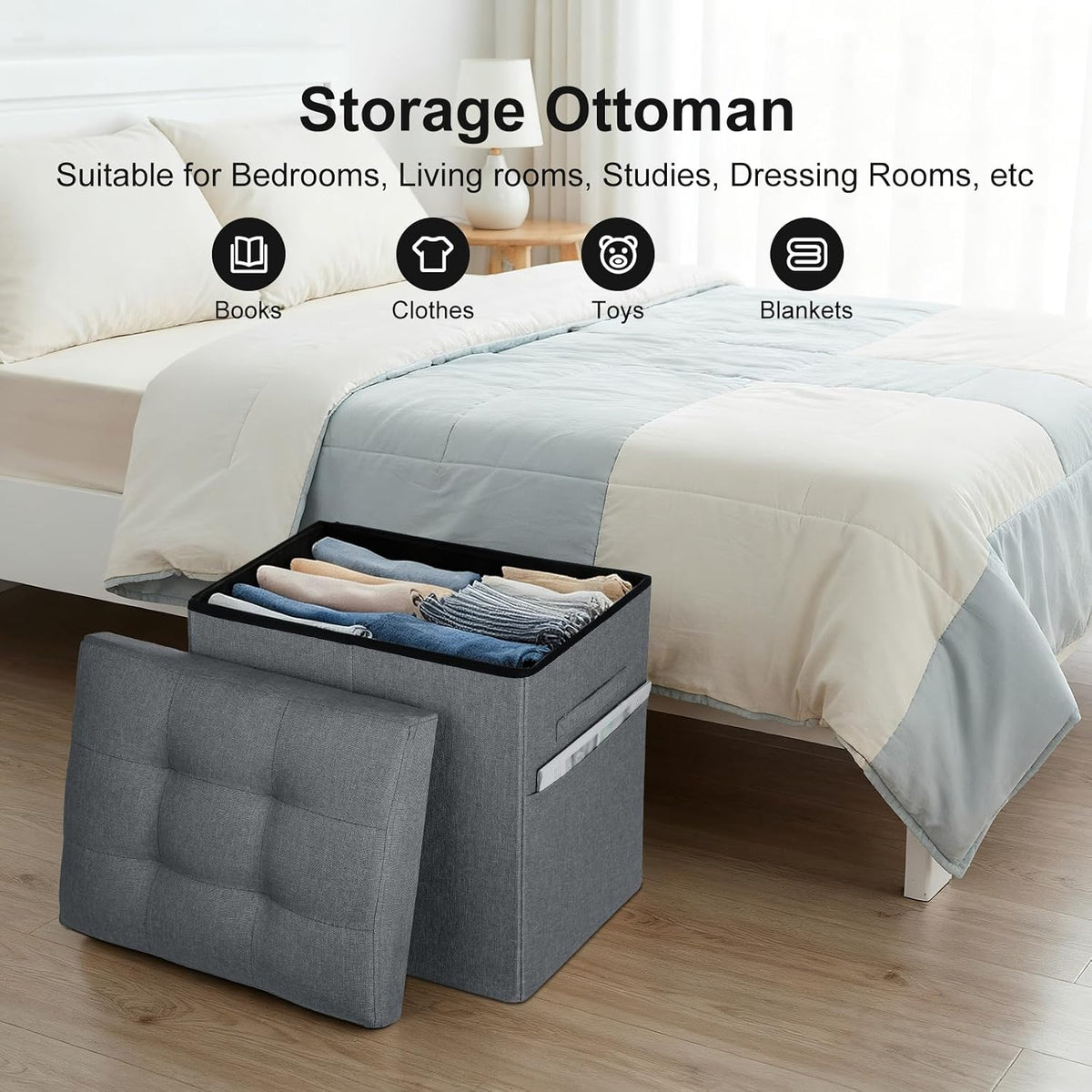 Storage Ottoman, Upgraded 17" High Foot Stools Ottoman for Dorm, Dark Gray | Folding Linen Foot Rest with Thicker Foam Padded Seat. Small Ottoman for Living Room with Side Pocket & Handles, 17x13x17in
