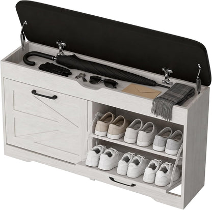 39" Shoe Storage Bench with Seat Cushion, Wood, Ash White | 8-Pair Shoe Capacity, 2 Doors, Comfortable Seating, Space-saving, Narrow Entryway Bench Ideal for Foyer, 330 lb Capacity