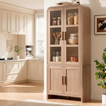 77" Tall Kitchen Pantry Cabinet,Thickened Panel,Oak,1Pcs | Wooden Curved Storage Cabinets with Adjustable Shelf, Cupboard with Glass Door for Dining Room, Living Room, Bathroom