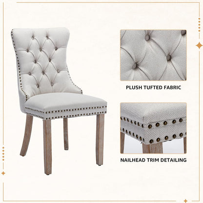 Linen Dining Chairs Set of 2, Tufted Upholstered High Wingback Chairs with Nailhead Trim & Pull Ring, Solid Wood Legs in Weathered Finish for Dining Room, Sillas de Comedor, Beige