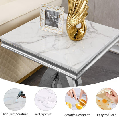 Marble End Table Modern Square Silver Living Room Table Sofa Side Table with Mirrored X-Shape Stainless Steel Base, Luxury White Faux Marble Small Bed Side Corner Table for Living Room Bedroom