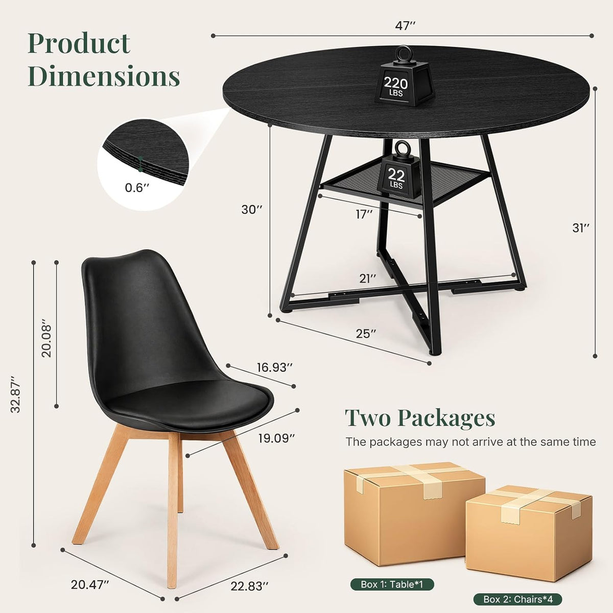 47in Round Dining Table Set for 4, Kitchen Table with Chairs | Circle Table, PU Leather Chair, Metal Cross Base, Storage Shelf, Breakfast Nook, Space-Saving, Apartment, Living Room, Black