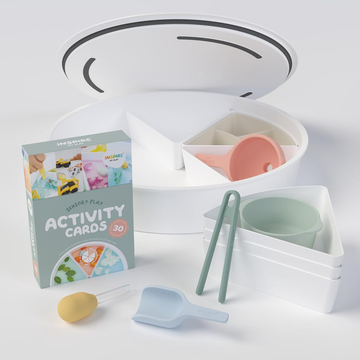 Starter Bundle | Sensory Bin with Lid | Tuff Tray Accessories | Sensory Bin and Lid | Includes 1 PlayTRAY, 6 Compartments, Activity Cards, Bowl, Mini Scoop, Dropper