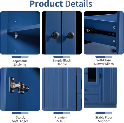 JIVOIT 71''H Large Kitchen Pantry with 6 Doors, Drawers, Adjustable Shelves, Door Shelves, Pull-Out Trays and Wine Rack, Modern Wood Storage Cabinet Cupboard for Dining Room (Blue/170)