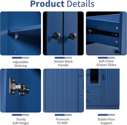 VilroCaz Wood Large Kitchen Pantry with 6 Doors, 53.2''Lx17.7''W Storage Cabinet Cupboard with Drawers, Adjustable Shelves, Pull-Out Trays and Wine Rack for Dining Room (Blue-4.19)