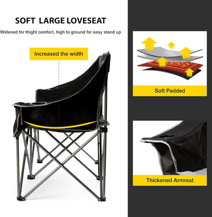 FAIR WIND Oversized 3 Person Camping Chair Padded Triple Loveseat Folding Camping Couch Duo Chair Heavy Duty Quad Fold Arm Chair with Cup Hold - Supports 900 LBS Black