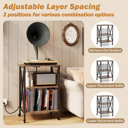 GOFLAME Record Player Stand with Power Outlet, 3-Tier Industrial Rolling Turntable Stand with 3 Vinyl Record Storage Dividers, Adjustable Shelf & Wheels for Living Room, Bedroom, Rustic Brown