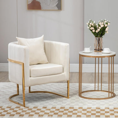 Velvet Accent Chairs Set of 2, Mid Century Modern Upholstered Barrel Armchair with Pillow for Living Room, Comfy Single Club Chair with Metal Gold Legs for Bedroom, White