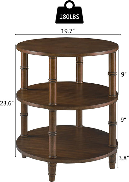 Round End Table with Storage Shelf, 19.7" High Sofa Side Table- with Bamboo Design, 3-Tier Beside Tables, Modern Telephone Tables- for Living Room, Corner, No-Tools Assembly, Walnut YBZ-D4166-LWA