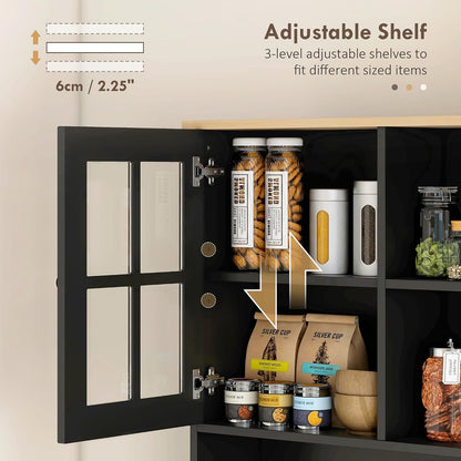 HOMCOM Kitchen Pantry Storage Cabinet 72" with Hutch, Black | Large Countertop, Freestanding, Glass Doors, Adjustable Shelves, Dining Room