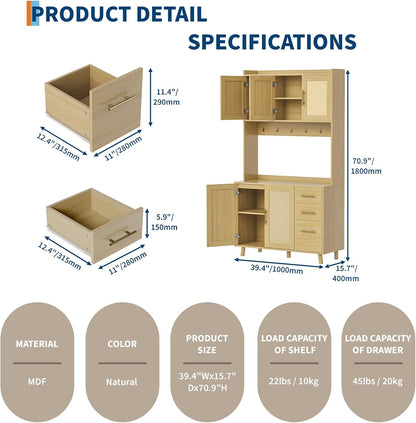 71" Tall Rattan Door Kitchen Pantry Cabinet, Freestanding Storage Hutch with 3 Drawers, 6 Hooks, Adjustable Shelves, Microwave Stand for Living Room, Kitchen