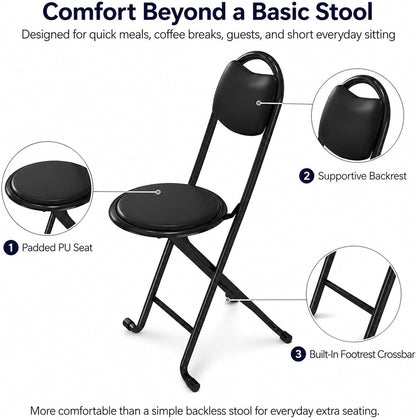 2 Pack Folding Stool with Back, 17 Inch Small Folding Chair, Black Stool with Padded PU Seat, Portable Foldable Stool Chair for Kitchen, Camping, Outdoor, Extra Seating, Black
