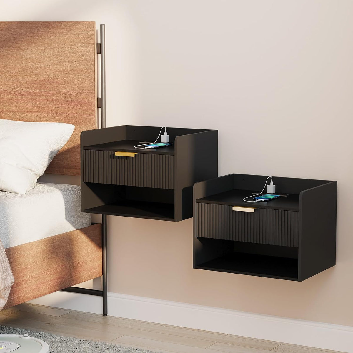 Arbuxzuy Floating Nightstand Set of 2 with Charging Station and Drawer | Modern Black Wall Mounted Bedside Table with Open Shelf, Minimalist Wooden Floating Night Stand for Bedroom Small Spaces