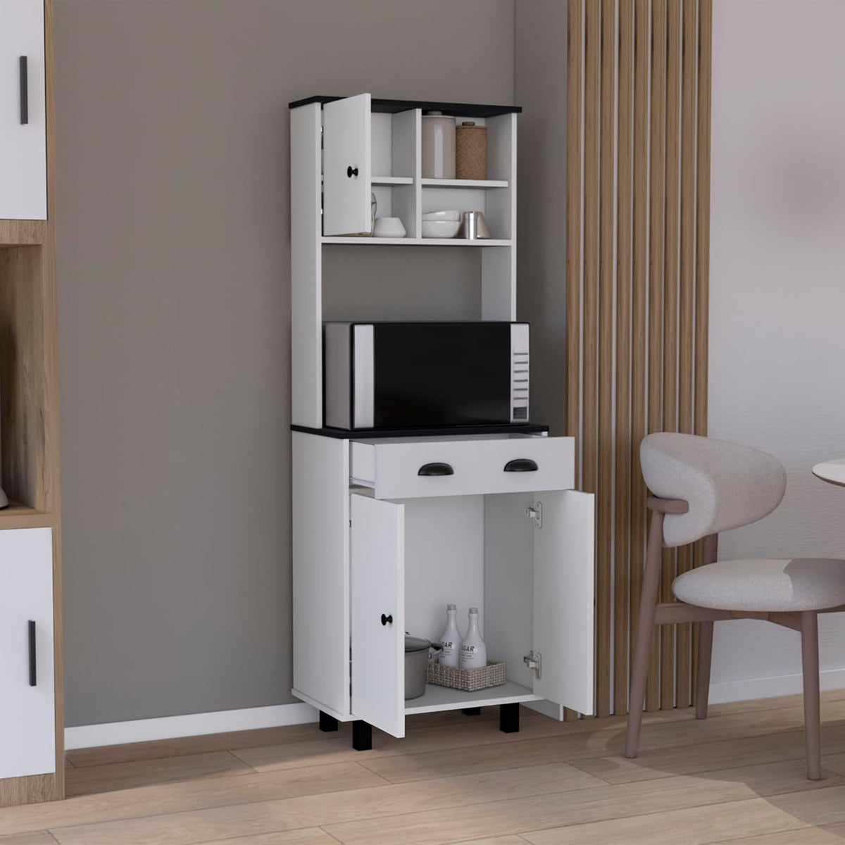 67" H Kitchen Pantry with Two Cabinets, Two Open Shelves, and One Drawer,White/Black