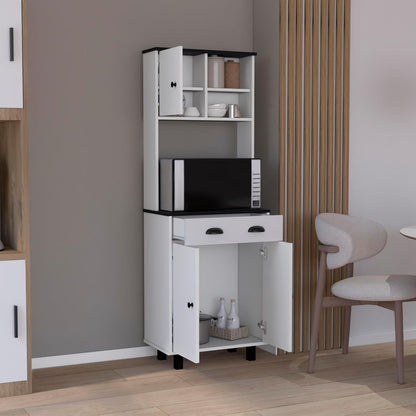 Modern Farmhouse Kitchen Pantry - White/Black Storage Cabinet with 3 Doors & Drawers | Space-Saving for Small Kitchens