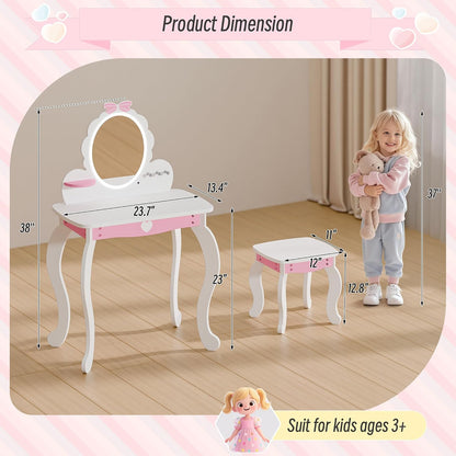 TOLEAD Girls Vanity Set with Lighted Mirror and Stool, Kids Vanity with Storage Space and Bow Pattern for Princess, Toddler Makeup Vanity Desk with Open Shelf and Bracelet Bods, White