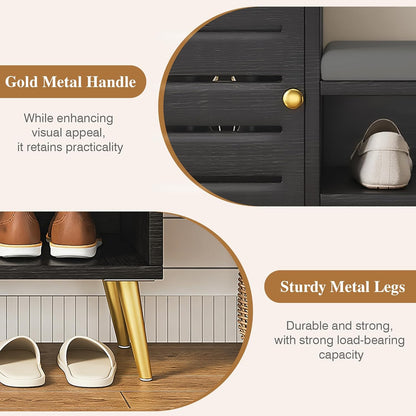 VECELO Shoe Storage Bench with Door&Shelf, Entryway Bench with Seat Cushion, for Hallway, Bedroom, Living Room, L-Shaped, Black