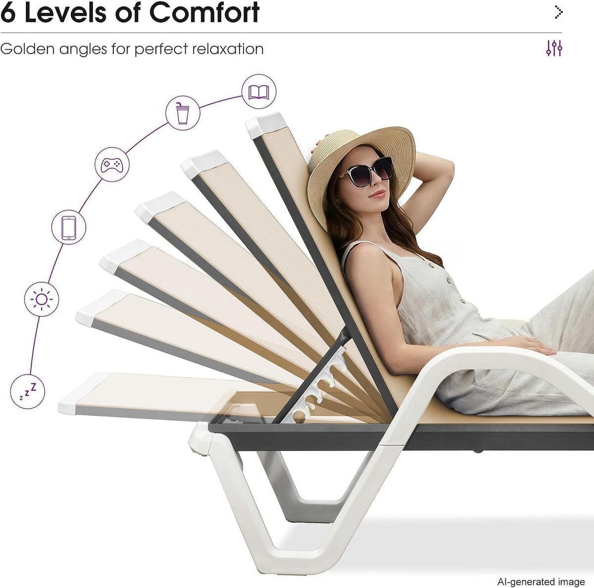 PURPLE LEAF Lounge Chair Outdoor Set of 2 w/Armrest & 1 Table, Khaki | Easy Assembly, Rustproof, A matching side table keeps cold drinks, phones, and sunglasses within easy reach while lounging