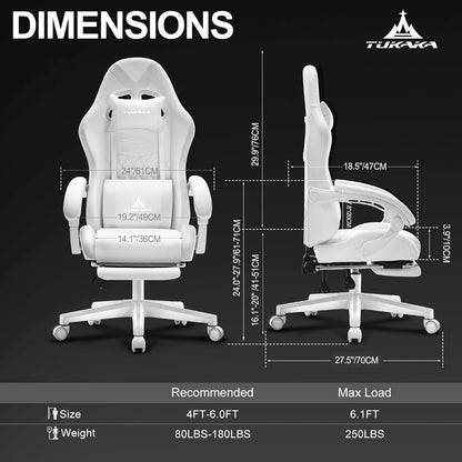 White Gaming Chair,Ergonomic Massage Office Desk Chair with Footrest | Pocket Spring Cushion,Reclining,Thick High Back,Headrest and Lumbar Support,Adjustable Leather Computer Chair Gamer Chair