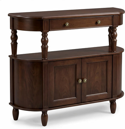 Curved Console Table with Solid Wood Legs, 47" Half Moon Sofa Table with Storage, Drawer & 2-Doors, Real Wood Veneer, Adjustable Shelf, Anti-Tip, Entryway Table for Living Room/Hallway,Walnut