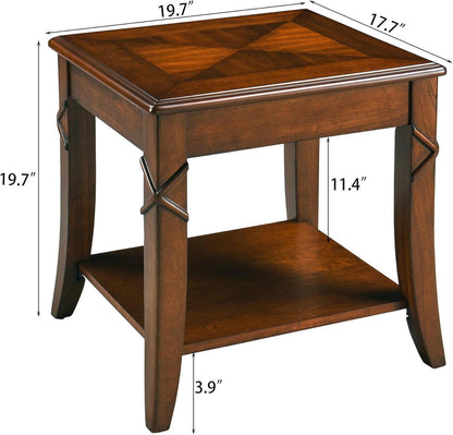 Mid-Century Modern Coffee Table Set of 3, 3-Piece Solid Wood Living Room Table Set, Coffee Table with 2 Square End Side Tables, Cherry Walnut Home Furniture for Apartment KFZ-DR200-3