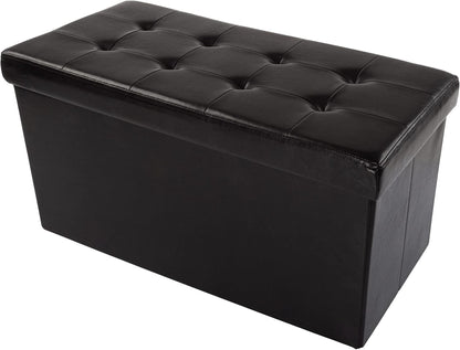 Lavish Home Storage Ottoman - 30-Inch Folding Faux Leather Footrest, Linen Chest, or Bench with Removable Bin for Living Room or Bedroom (Black)