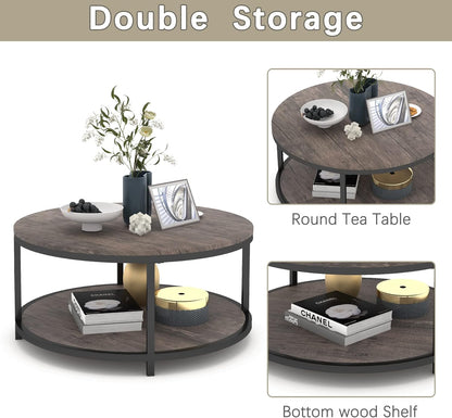 NSdirect Round Coffee Table,36" Coffee Table for Living Room,2-Tier Rustic Wood Desktop with Storage Shelf Modern Design Home Furniture(Light Walnut)