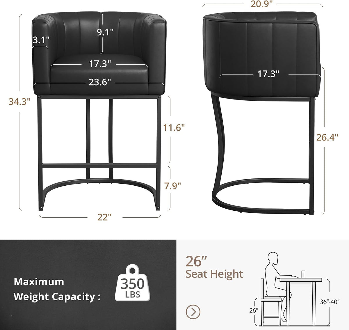 LUE BONA 26.4" H Counter Height Bar Stools Set of 2, Modern Barrel Counter Stools with Supporting Backrest and Arms, Black Metal Frame, Faux Leather Upholstered Barstools for Kitchen Islands, Black