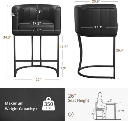 LUE BONA 26.4" H Counter Height Bar Stools Set of 2, Modern Barrel Counter Stools with Supporting Backrest and Arms, Black Metal Frame, Faux Leather Upholstered Barstools for Kitchen Islands, Black